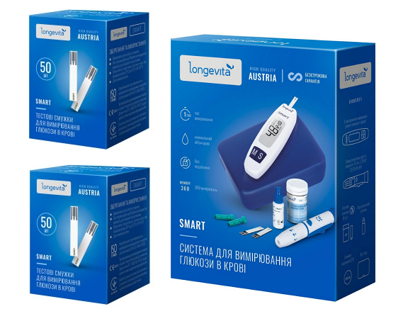Глюкометр Longevita Smart Система для вимірювання глюкози в крові + Тест смужки 100шт(2*50шт) 1