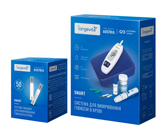 Глюкометр Longevita Smart Система для вимірювання глюкози в крові + Тест смужки 50 шт. 1